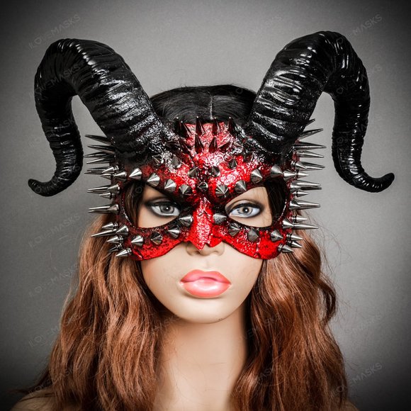 Bloody Red Demon Spikes Devil with Back Twisted Horns Masquerade Eye Mask - Picture 4 of 5